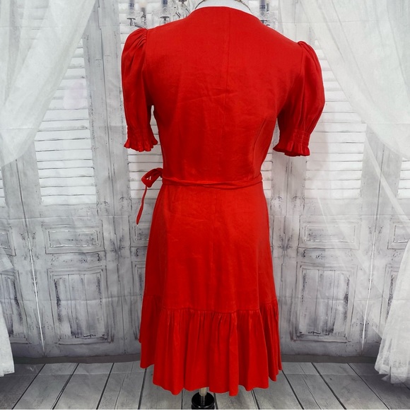 Antonio Melani Solid Red Linen Surplice V-Neck Short Puff Sleeve Wrap Tie Dress - Picture 7 of 15